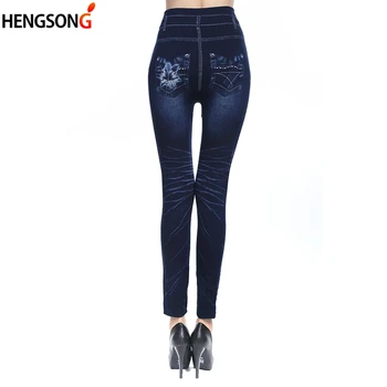 Plus Size Kvinder Jeans Leggings Mode Høj Talje Leggings Kvindelige Blomster Print Ankel-Længde Leggings Bukser Hule Denim Leggins