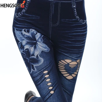 Plus Size Kvinder Jeans Leggings Mode Høj Talje Leggings Kvindelige Blomster Print Ankel-Længde Leggings Bukser Hule Denim Leggins