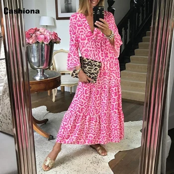 Plus Størrelse 3xl Kvinder Elegant Mid-Kalv Kjole Pink Leopard Print Sommer Strand Kjole Vintage 2021 Lange Ærmer A-line Kjoler Femme