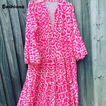 Plus Størrelse 3xl Kvinder Elegant Mid-Kalv Kjole Pink Leopard Print Sommer Strand Kjole Vintage 2021 Lange Ærmer A-line Kjoler Femme