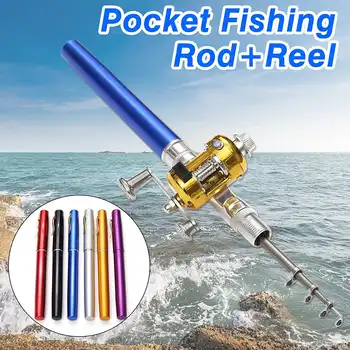 Pocket Sammenklappelig Fiskestang Hjul Combo Mini-Pen Fiskestang Kit 7 Farver Pen Form Foldet Stang Med Hjul Hjul
