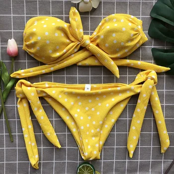 Polka Dot Bandeau Bikini Sæt 2021 Sexet Badedragt Kvinder Brazilian Bikini G-Streng Badetøj Halterneck Top Badedragt Svømning Bære
