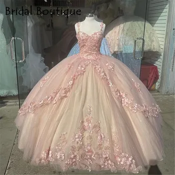 Prinsesse Pink Quinceanera Kjoler Mexicanske Lace Applique Søde 15 16 Bolden Kjole Kjole Part Tyl Elegante Lange Gallakjoler