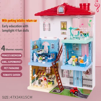 Prinsesse Villa Plast DIY Dukkehuse Play House Møbler Kit Med Led Lys Monteret Dukke Hus Legetøj til Piger, Børn Gaver