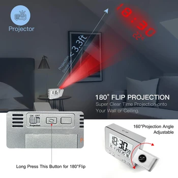 Projektion Vækkeur til Soveværelse med Termometer Hygrometer USB Digital ur Projekt Loft Ur Dæmpbar LED Bord Ur