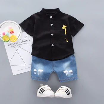Pudcoco Sommeren Toddler Dreng Tøj, der kun indeholder Farve Søde Giraf Toppe Denim Korte Bukser 2stk Oitfits Bomuld Casual Tøj