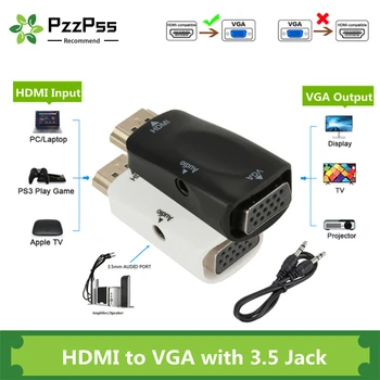 PzzPss Mandlige og Kvindelige HDMI til VGA-Adapter HD 1080P Lyd Kabel Konverter Med 3,5 Jack For PC, Bærbar Computer, Skærm, Projektor