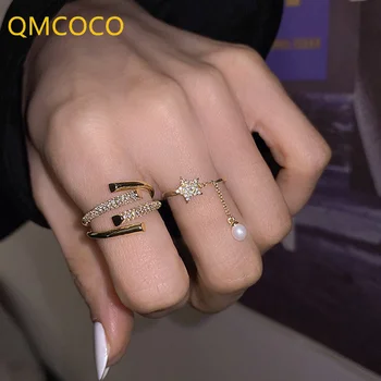 QMCOCO 925 Silver Ny Trend Vintage Elegante Kreative Multi-Lag på Tværs af Zircon Stjerne-Form og Sort Justerbar Ring Smykker Gaver