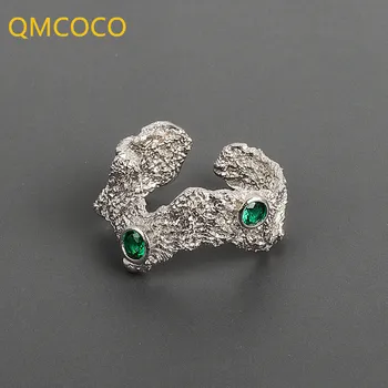 QMCOCO 925 Sølv Grøn Zircon Bølge Bump Matte Ringe Vintage Nødlidende Åbning Håndlavet Ring Mode Fint Jøde