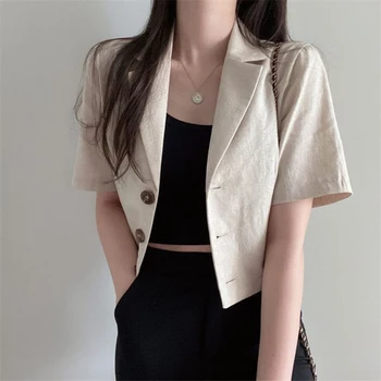 QOERLIN koreanske Ren Farve Korte Ærmer Bomuld Suit Blazer Kvindelige 2021 Sommeren Nye Temperament Kort Jakke Kontor Damer