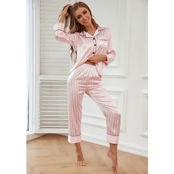 QSROCIO Kvinders Pyjamas Sæt Luksus Stil, Mode Pink Striber Nattøj Som Silke Natkjole Fritid Hjemme-Tøj, Nattøj Femme