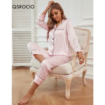 QSROCIO Kvinders Pyjamas Sæt Luksus Stil, Mode Pink Striber Nattøj Som Silke Natkjole Fritid Hjemme-Tøj, Nattøj Femme