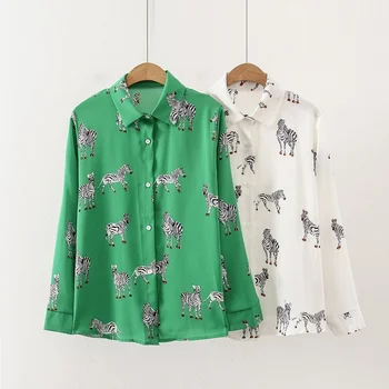 QWEEK Satin Bluse Kvinder Silke Zebra Print Shirts, langærmet Vintage Kontor Damer Toppe Femme 2021 Mode Grøn Elegante Bluser