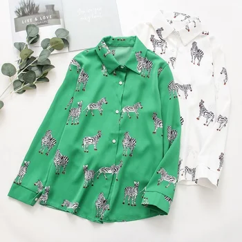 QWEEK Satin Bluse Kvinder Silke Zebra Print Shirts, langærmet Vintage Kontor Damer Toppe Femme 2021 Mode Grøn Elegante Bluser