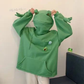 ROENICK Sweatshirts og Hættetrøjer Kvinder Broderi Frog Pullovere Par Plus Fløjl Tyk Hætte Sweatshirt Lomme koreanske Løs Frakke