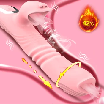 Rabbit Dildo Vibrator Teleskopisk Roterende Dobbelt Tunge Cunnilingus Vibrator til Kvinder Stimulere Klitoris Varme Vagina Erotisk