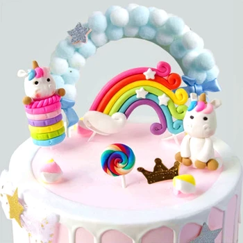Rainbow Happy Birthday Cake Topper Indretning Fødselsdag Unicorn Kage Bløde Pompom Cloud Cupcake Toppers Flag Bryllupsfest Baby Shower