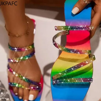Rainbow Stor Størrelse sandaler til kvinder sko 2021 ny flad bund diamant tøfler 35-43 shoes de mujer