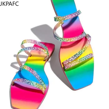 Rainbow Stor Størrelse sandaler til kvinder sko 2021 ny flad bund diamant tøfler 35-43 shoes de mujer