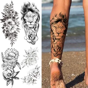 Realistisk Løve Steg Midlertidige Tatoveringer For Kvinder, Voksne Marigold Pæon Blomster Falske Tatoveringer Mærkat Vandtæt Låret Underarm Tatoos