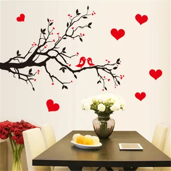 Red Kærlighed Hjerte Wall Stickers Bird Decal Soveværelse Stue DIY Aftagelige PVC Kunst tapet Smukke hjem indretning grene Decals