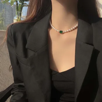 Retro Fashion Perle Firkantet Grøn Krystal Halskæde Kvindelige Charme Choker Halskæde Nøglebenet Pearl Kæde
