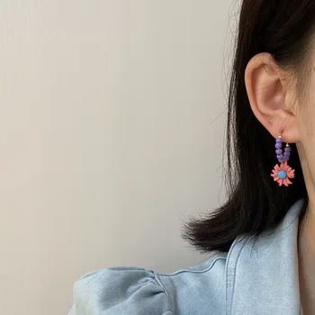 Retro koreanske Lilla perler pink daisy blomster øreringe til kvinde mode smykker Æstetiske accessorie øreringe 2020