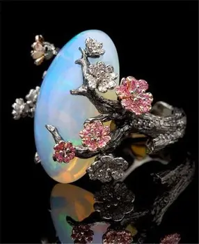 Retro plum blossom kvinders ring smuk atmosfære sort guld farve separation ring bryllup semi ædle sten plum blossom