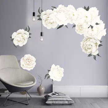 Romantisk Hvid Pæon wallstickers til stuen, Soveværelset, selvklæbende Vinyl vægoverføringsbilleder Øko-venlige Flytbare Vægmalerier