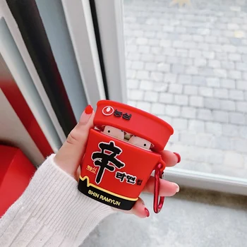 Røde 3D Hånd-trukket Nudler Spand Bløde Øretelefon Sag for Airpods 2 1 AirPods 1 2 Bluetooth Headset Silikone Cover med Krog