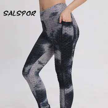 SALSPOR Tie Dye Kører Leggings Kvinder Med Pocket Plus Size Fitness Sport Legging Push Up Sexet Fitnesscenter Høj Talje Leggins Mujer