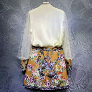 SEQINYY Kvinder Sommer Forår Nye Mode Design Bane Perlebesat Mesh Hvid Skjorte + Blomster Print Vintage Kort Nederdel og Elegant