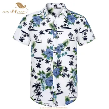 SISHION 20201 Bomuld Hawaii-Skjorte MS0006 kortærmet mørkeblå Skønhed Palm Print Afslappet Strand Sommeren Mænd Shirt Plus Størrelse