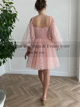 Sevintage Rose Pink Mini Homecoming Kjoler, Flæser Lang Oppustede Ærmer, Solid Prom Dress Udbening Stropper Bryllup Part Kjoler 2021