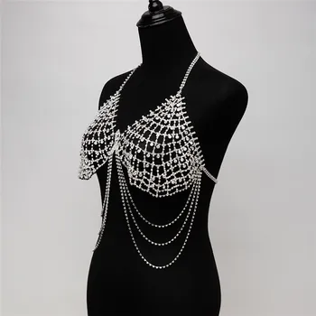 Sexet Rhinestone Kæde Krop Undertøj Organ Smykker til Kvinder Shiny Kvast Natklub Kostume Mode Bikini Crystal Bra Tidevandet Gave