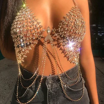Sexet Rhinestone Kæde Krop Undertøj Organ Smykker til Kvinder Shiny Kvast Natklub Kostume Mode Bikini Crystal Bra Tidevandet Gave