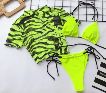 Sexy Tiger Leopard Print Tre Stykke Badetøj G-Streng Bikini Badedragt Push Up Bikini Sæt Korte Ærmer Brasilianske Badedragt Kvinder
