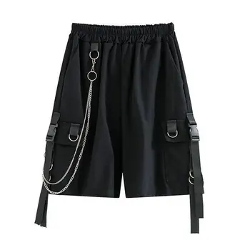 Shorts til Kvinder Side-lomme Solid Kæde Elastisk Talje Løs Plus Size Sommeren 2021 Harajuku Kvinder Shorts Streetwear og Hiphop