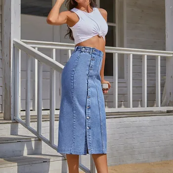 Sibybo Høj Talje Split Midi-Demin Nederdel Til Kvinde Sommeren Korean Style Jeans, Nederdele Damer Blå Slim-Knappen Streetwear Harajuku