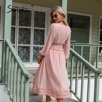Simplee Elegant Pink V-hals Lange Ærmer Kjole Foråret Pjusket Kvinder Chiffon Kjole 2021 Solid A-line-Knappen for Kontor Damer Vestidos