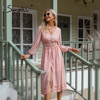 Simplee Elegant Pink V-hals Lange Ærmer Kjole Foråret Pjusket Kvinder Chiffon Kjole 2021 Solid A-line-Knappen for Kontor Damer Vestidos