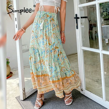 Simplee Pjusket silke blomster trykt boho maxi nederdel kvinder A-line Split retro nederdele om sommeren 2021 damer Ferie vintage nederdel