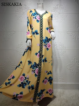 Siskakia Dubai Jalabiya Mode Muslimske Abaya Kjole Til Kvinder Eid 2021 Marokkanske Kaftan Tyrkiet Arabisk Oman Islamisk Tøj Gul