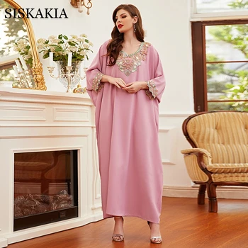 Siskakia Mat Satin Kappe Abaya Kjole til Kvinder 3D Broderet Dubai Tyrkiet arabisk Marokkanske Kaftan Oversize Kjole Pink 2021 Ny