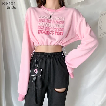 Sisterlinda Mode Pink Sweatshirt Kvinder Fritids-Pullover Falde 2020 Høj Kvalitet Snor Crop Tops Damer Streetwear Tøj