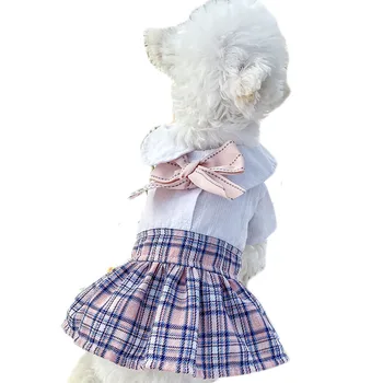 Skole Uniform Pink Plaid Pet Tøj Hund Pels Kjole Bowtie Hvid Tshirt Jakke Til Små Hunde-fransk Bulldog Kjoler Tøj XL