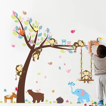 Skovens Dyr Træ Børn Klistermærker Børn DIY-Soveværelse Dekoration Bære Abe Vilde Jungle Børn Decal vægoverføringsbilleder Børnehave Indretning