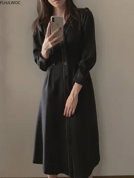Smarte Korea Mode Feminine Vestidos Womens V-Neck Vintage Midi-Single Breasted Knap Solid Skjorte Kjole N2280