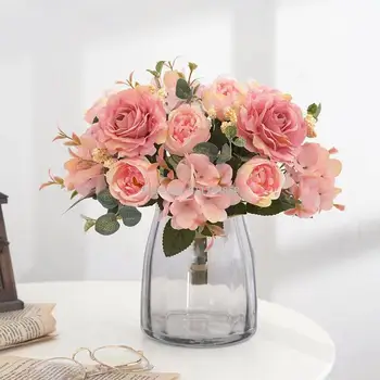 Smuk Hortensia Roser, Kunstige Blomster til Hjemmet Bryllup Dekorationer Høj Kvalitet Efteråret Buket Mousse Pæon Falske Blomst