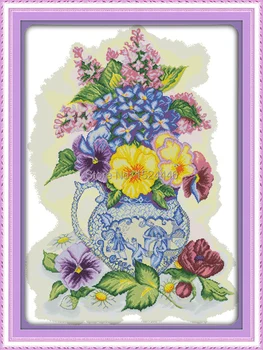 Smuk blomst Tre farve vase Painting Tælles Print på stof DMC 14 CT 11CT DIY Cross Stitch Håndarbejde, Broderi Kit Sæt
